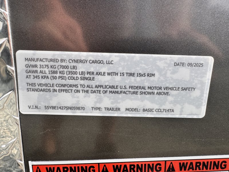 2025 Cynergy 7x14 Enclosed Trailer STD Ramp 7K GVWR - Image 2