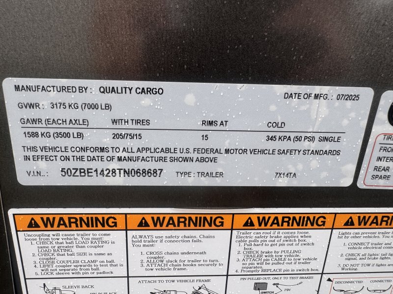 2026 Quality Cargo 7x14 Enclosed Trailer STD Ramp 7K GVWR - Image 2