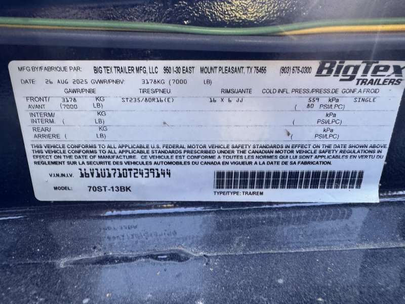 2026 Big Tex 70ST 7x13 Equipment Trailer Single-Axle Tilt 7K GVWR - Image 2