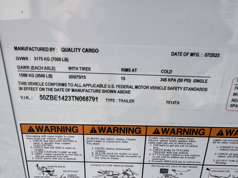 2026 Quality Cargo 7x14 Enclosed Trailer STD Ramp 7K GVWR - Image 2