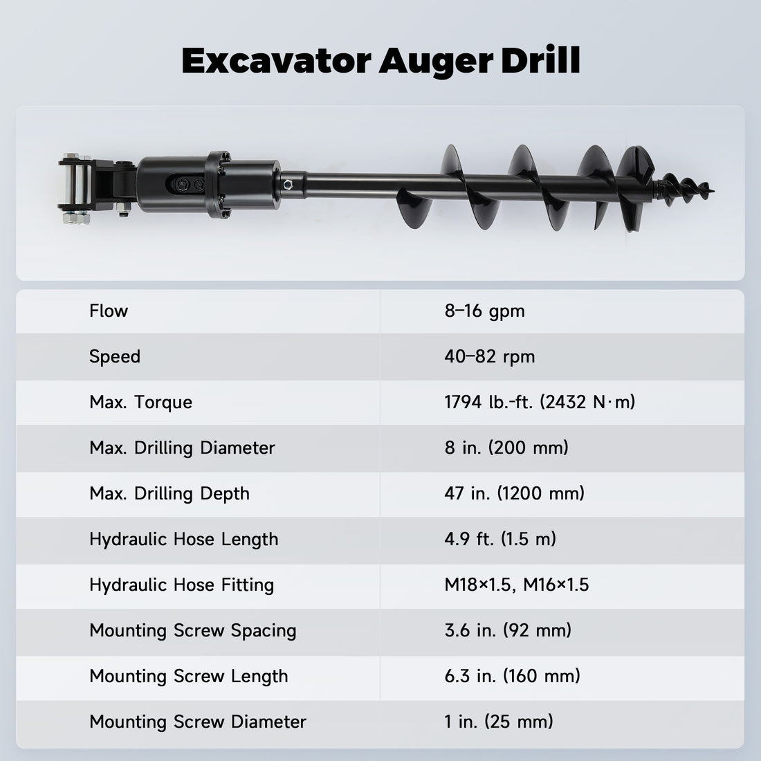 8" Hydraulic Auger Drill Attachment for Mini Excavator with 45" Depth 8" Hydraulic Auger Drill Attachment for Mini Excavator with 45" Depth - Image 4